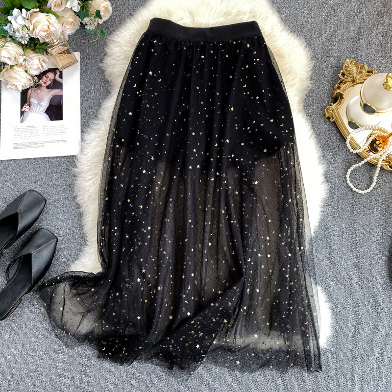 INS fairy skirt,bling starsmedium and long mesh gauze skirt  3719