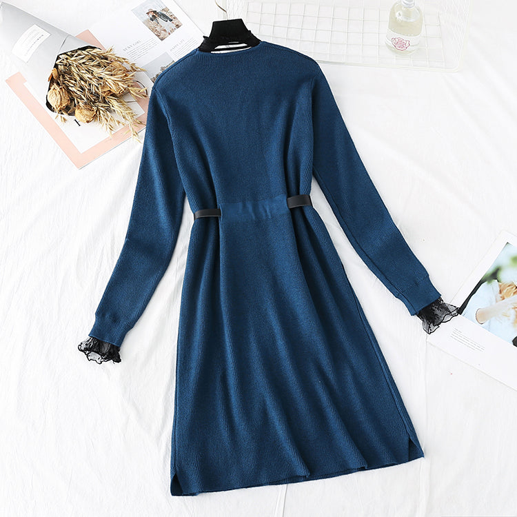 Sweater lace backing temperament fake two skirts  3796