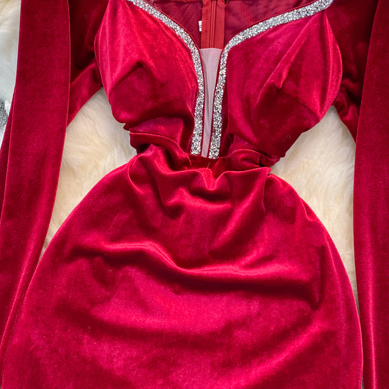 Velvet with diamond temperament, slim waist, sexy hip wrap dress  3750