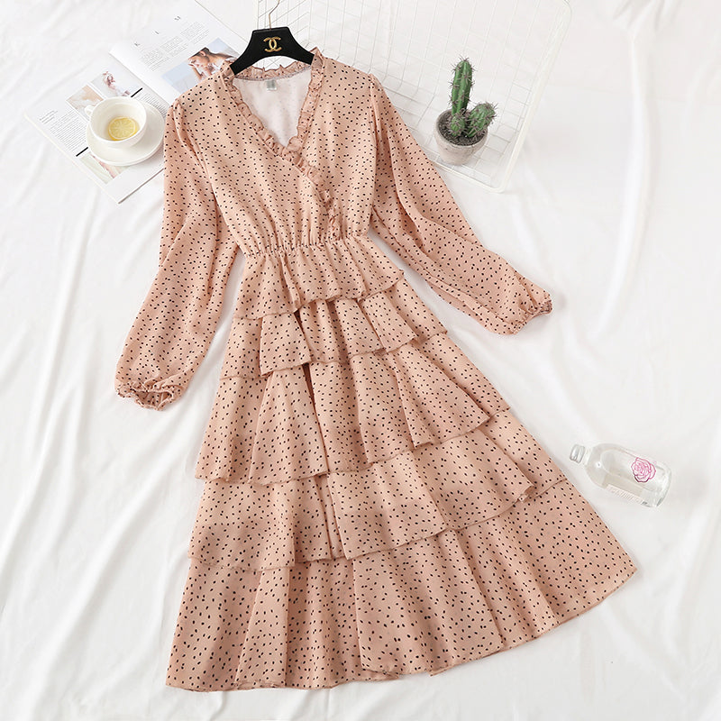 V-neck wave point Chiffon Dress  3730