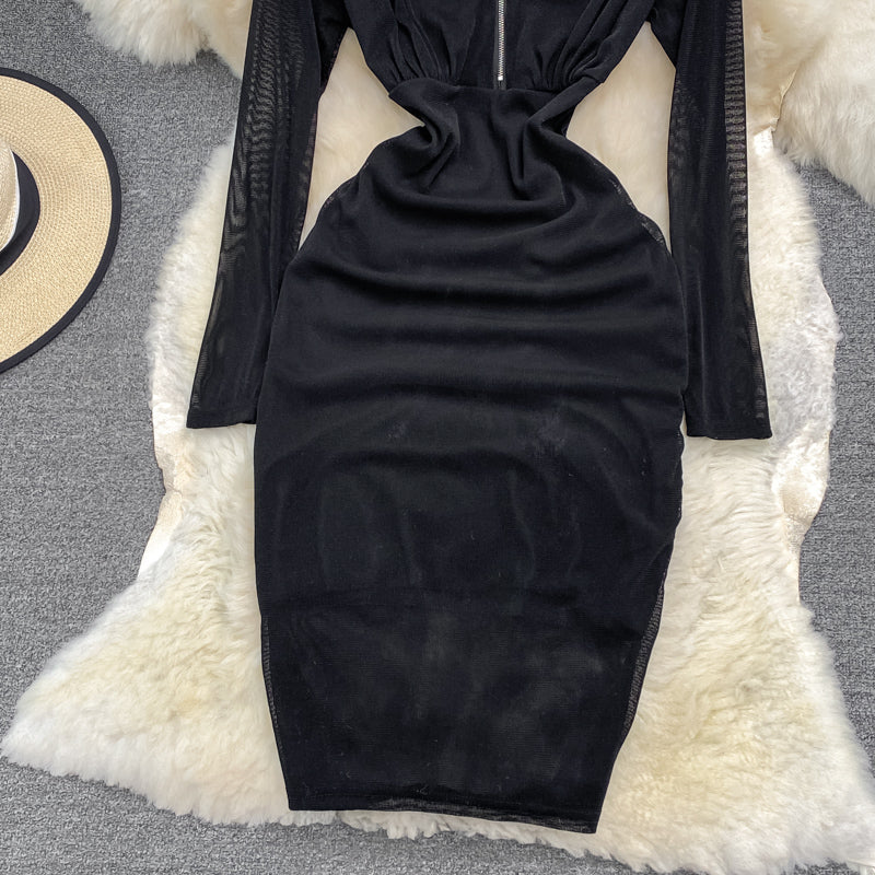 Sexy Hong Kong Style zipper split hip long sleeve V-neck dress  3788