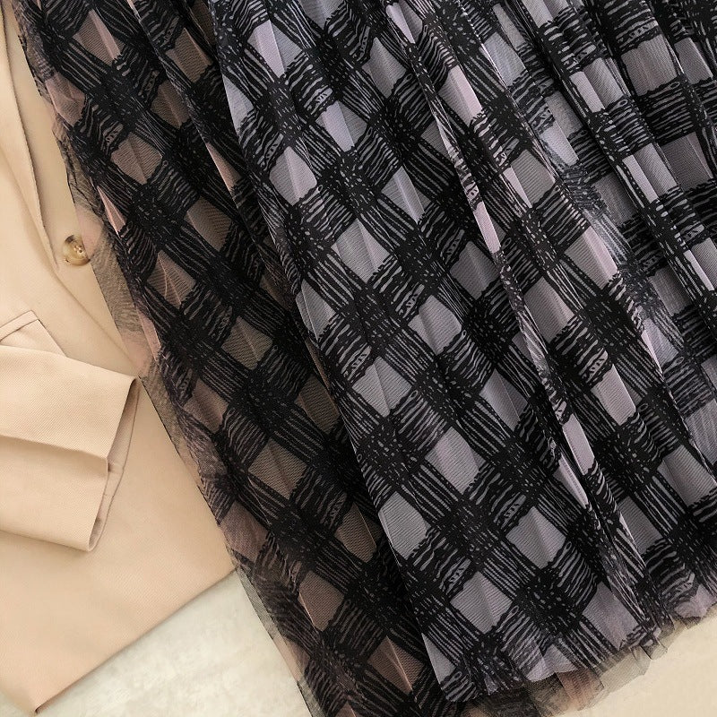 New gauze skirt, plaid print high waist skirt, long pleated skirt  3703