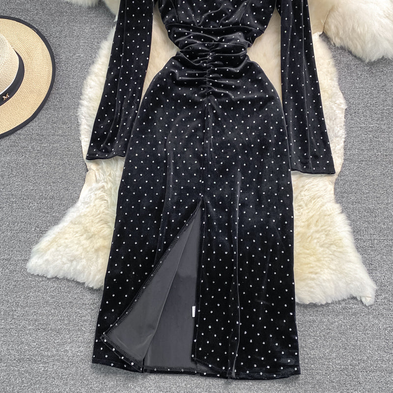 Langarm Slim Fit Hot Drill hochwertiges enges Hüftwickelkleid 3723