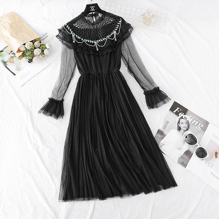 Ruffle pleated French super xiansen mesh dress  3806