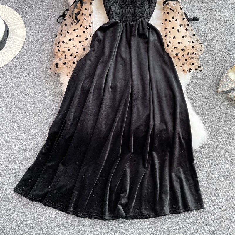 Design sense stitched mesh wave point waist large swing long skirt  3774