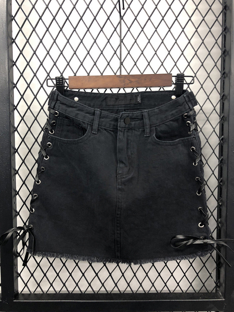 Jupe en jean taille haute à bretelles latérales pour femmeJupe trapèze 3718