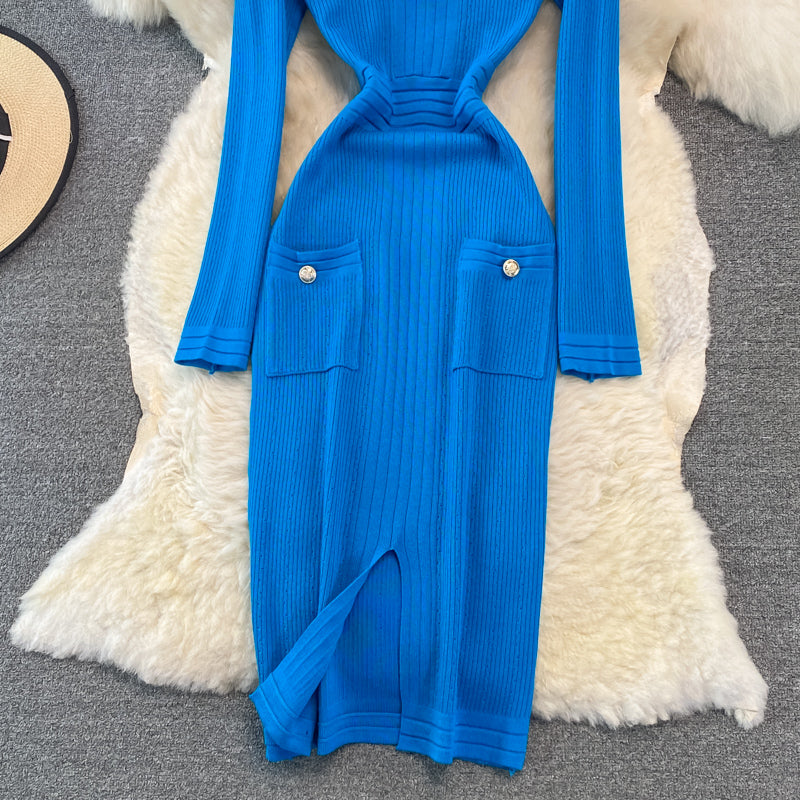 Gold button elastic tight medium length split bottomed buttock knit dress  3751