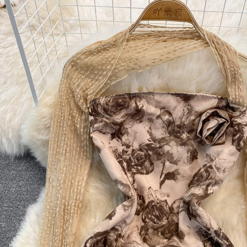 French fairy skirt super fairy rose printing gentle wind split skirt  3745