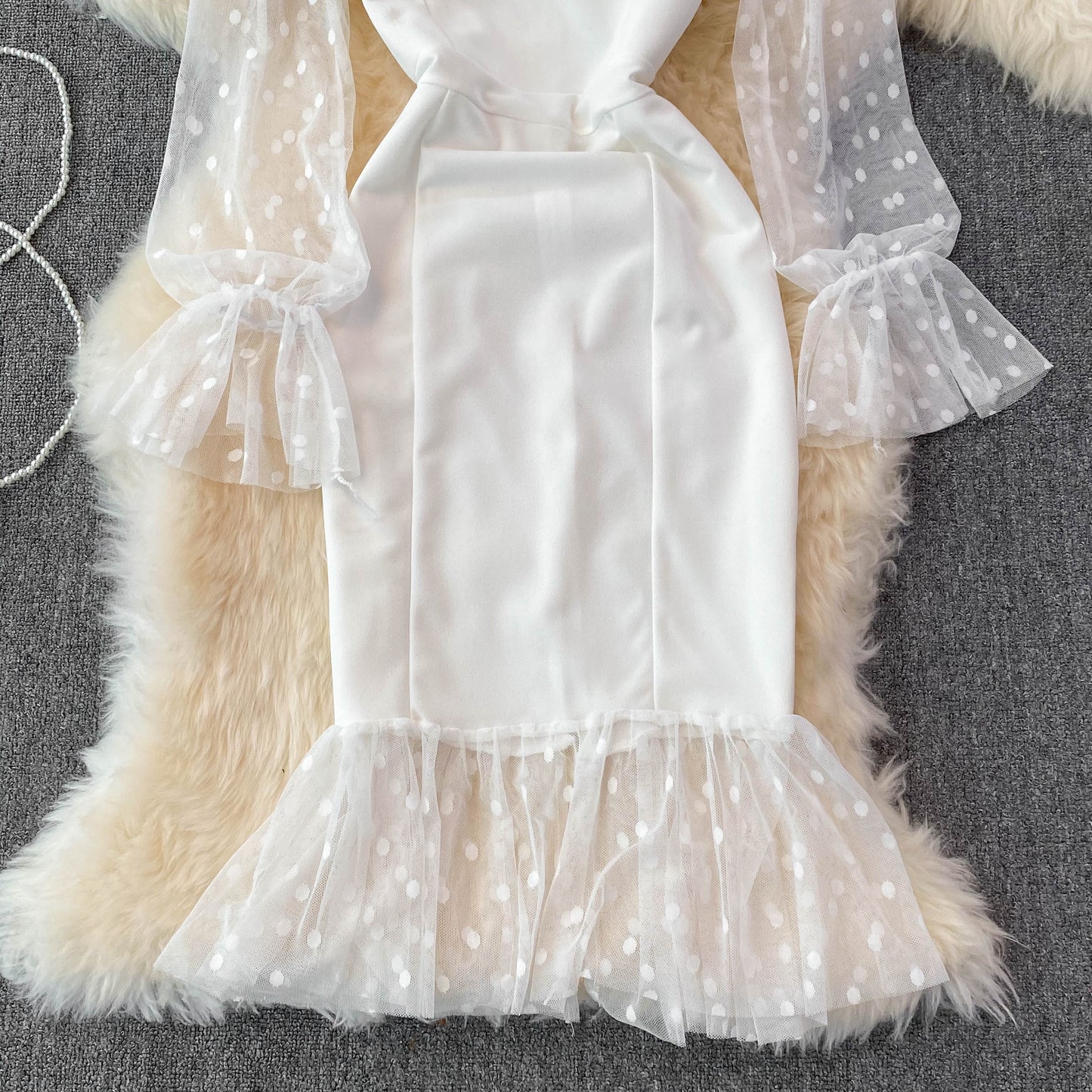 Fashion mesh wave point splicing square neck temperament retro dress  3775