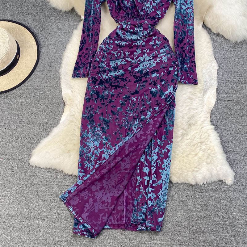 Slim, thin, split temperament, bronzed print V-neck dress  3767