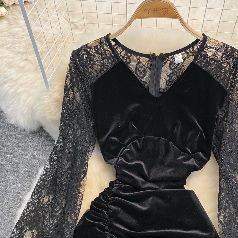 Temperament golden velvet bottomed Hip Wrap Dress Dress  3780