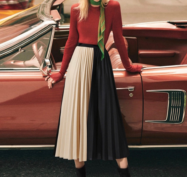 Spring/summer skirt, new style, high waist, contrasting colors, patchwork, long A-line skirt, pleated skirt  3668