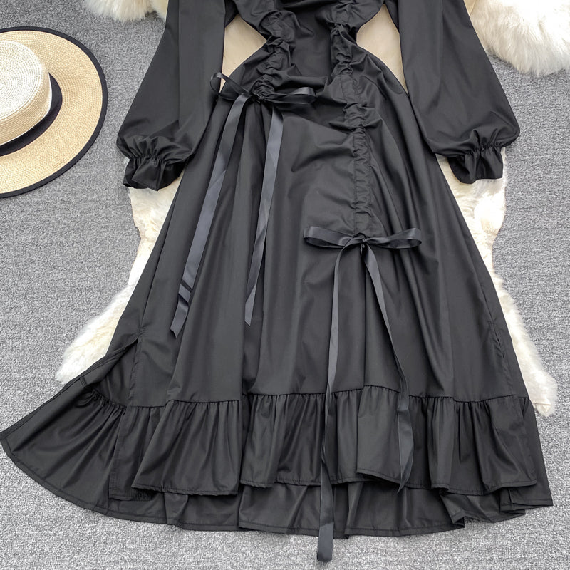 Kleid mit eckigem Ausschnitt und Blasenärmeln, schwarzer kleiner ausländischer Rock 3789