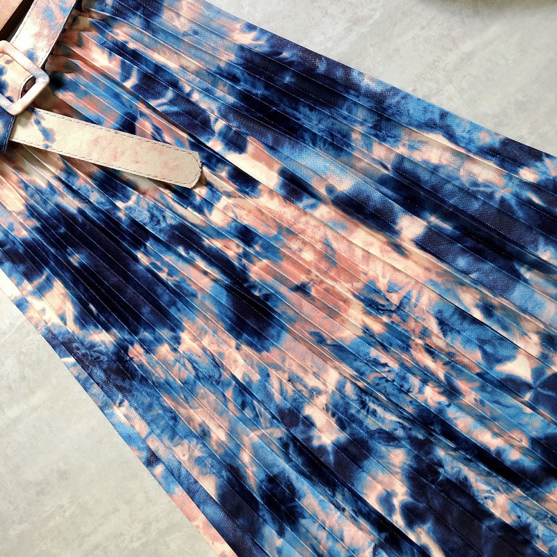 Jupe chaude, encre éclaboussée tie-dye, ceinture imprimée, jupe longue plissée dans les étoiles 3691