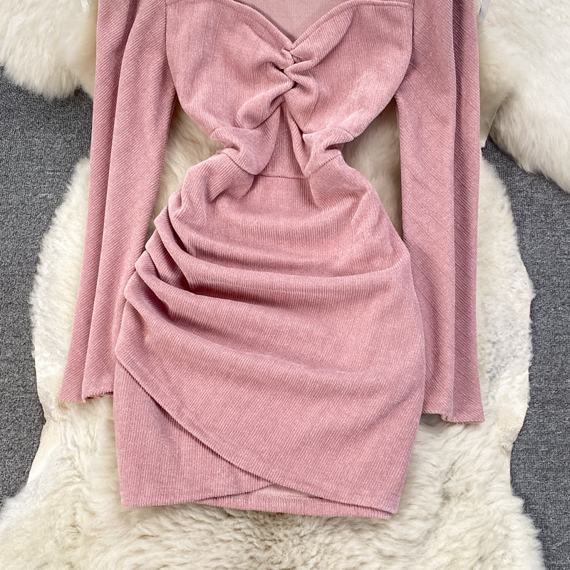 Irregular pleated corduroy slim wrap arm dress  3766