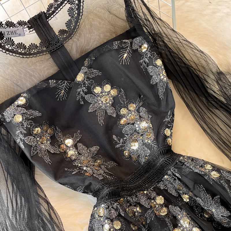 Heavy industry embroidery round neck mesh A-line dress  3747