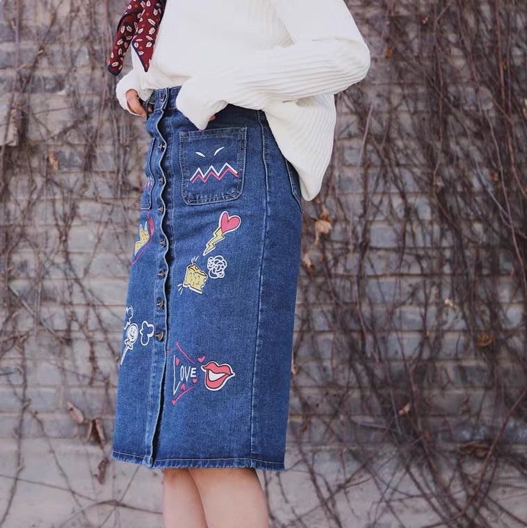 Spring and autumn new style, fashion cowboy skirt, women bodycon denim skirt,cute print A line long skirt  3671