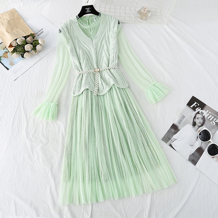 Xiaoxiangfeng suit knitted sweater mesh skirt  3805