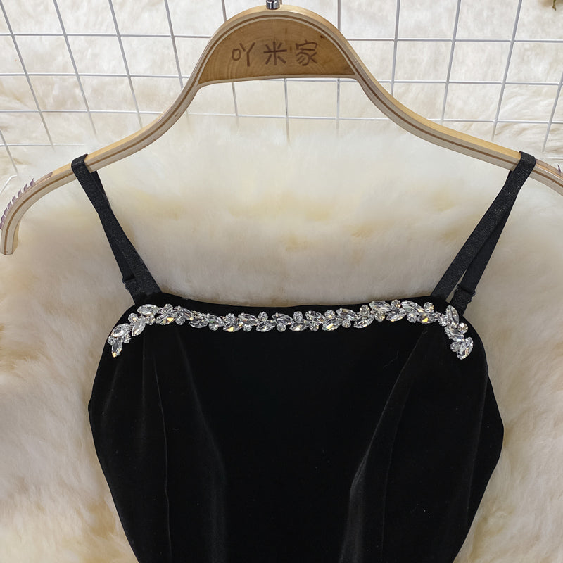 Suspender skirt gold velvet diamond studded strapless dress  3746