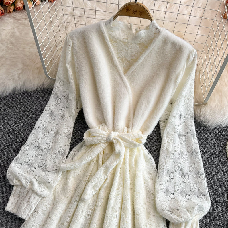 Stand collar lace dress fashion slim bottomed skirt  3769