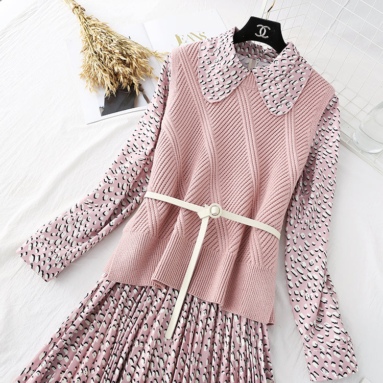 Sweater sweet baby Collar Chiffon Skirt Suit two-piece suit  3802