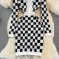 V-neck chessboard knitted buttock bottomed dress  3779