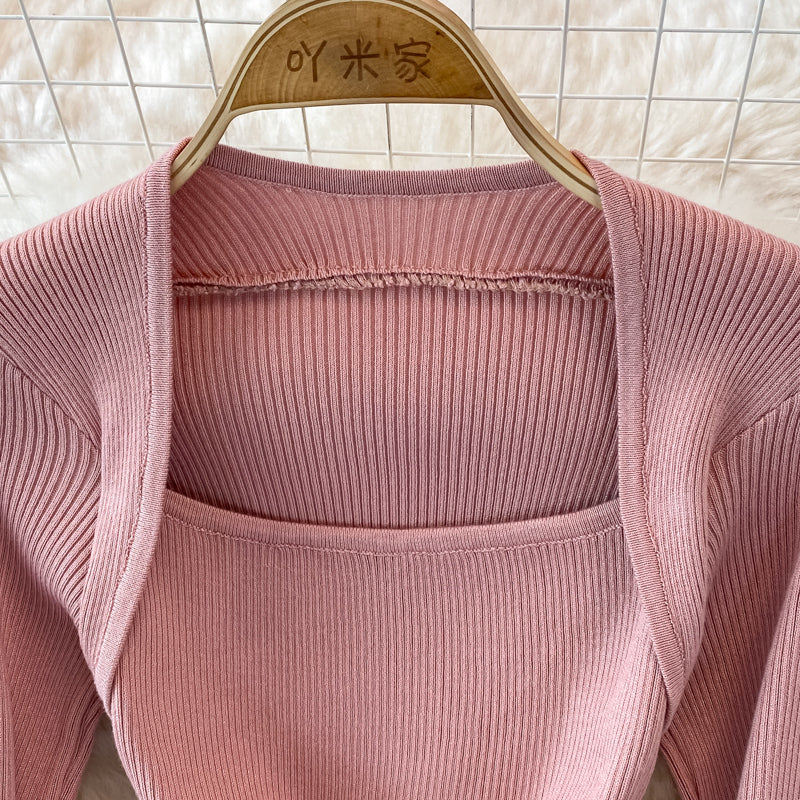 Square neck tight elastic knitted dress  3758