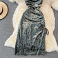Velvet sexy swing neck long suspender drawstring split dress  3757