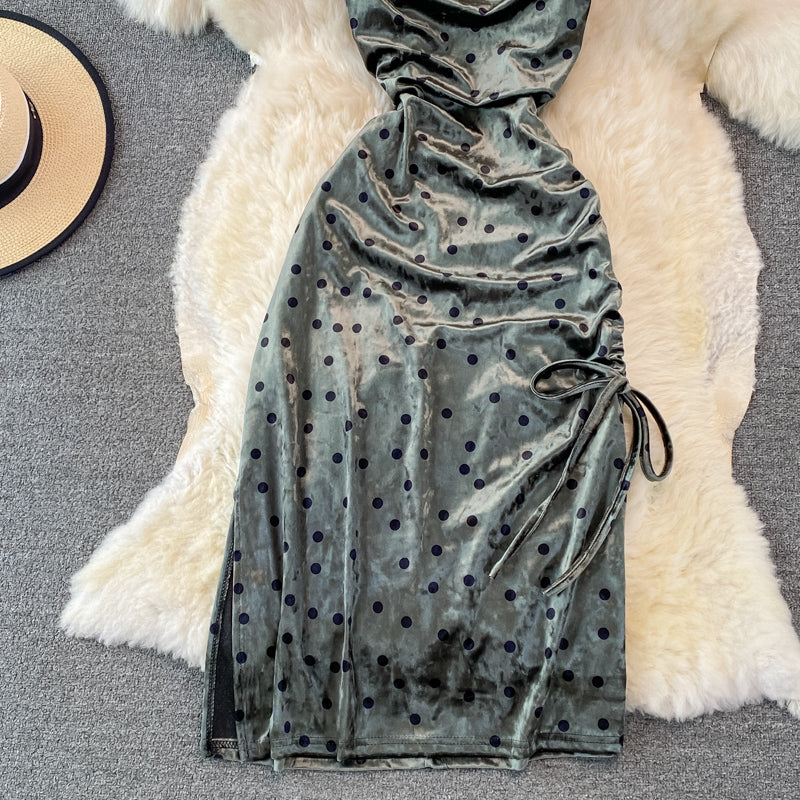 Velvet sexy swing neck long suspender drawstring split dress  3757