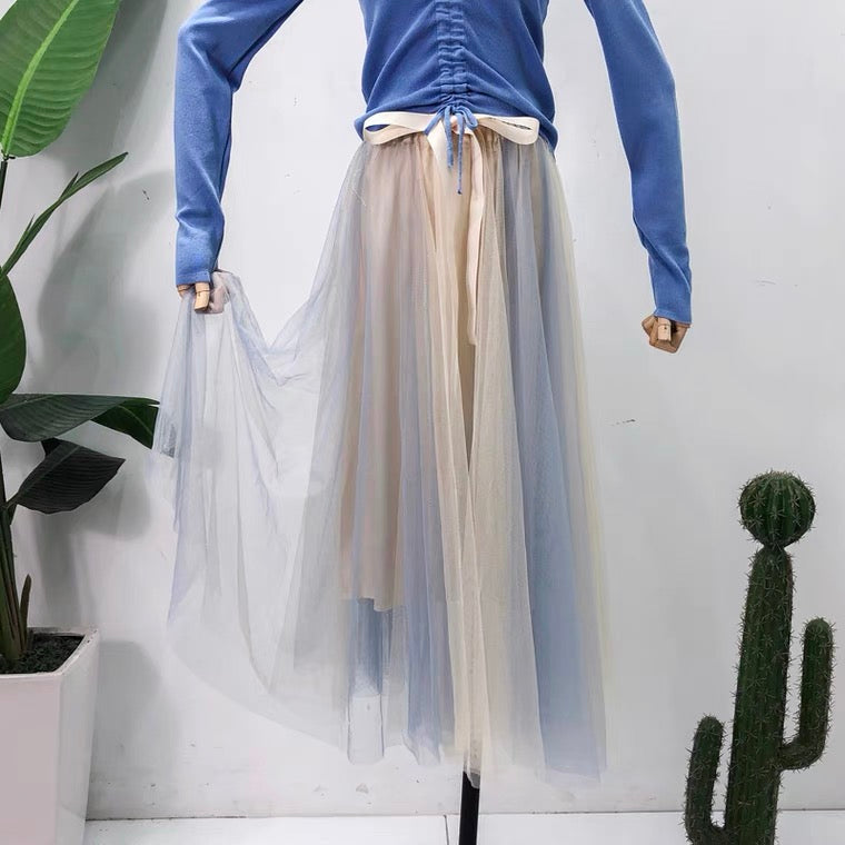 Jupe bouffante taille haute en maille fine, nœud papillon, super fée, jupe mi-longue assortie aux couleurs 3601