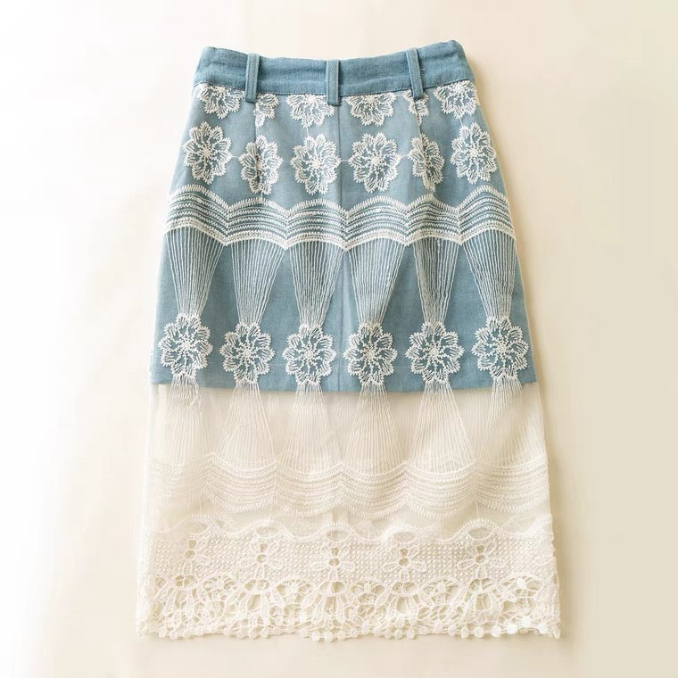 Style d'été, littérature et art, mode, petite jupe en jean fraîche, épissure de maille en dentelle 3622