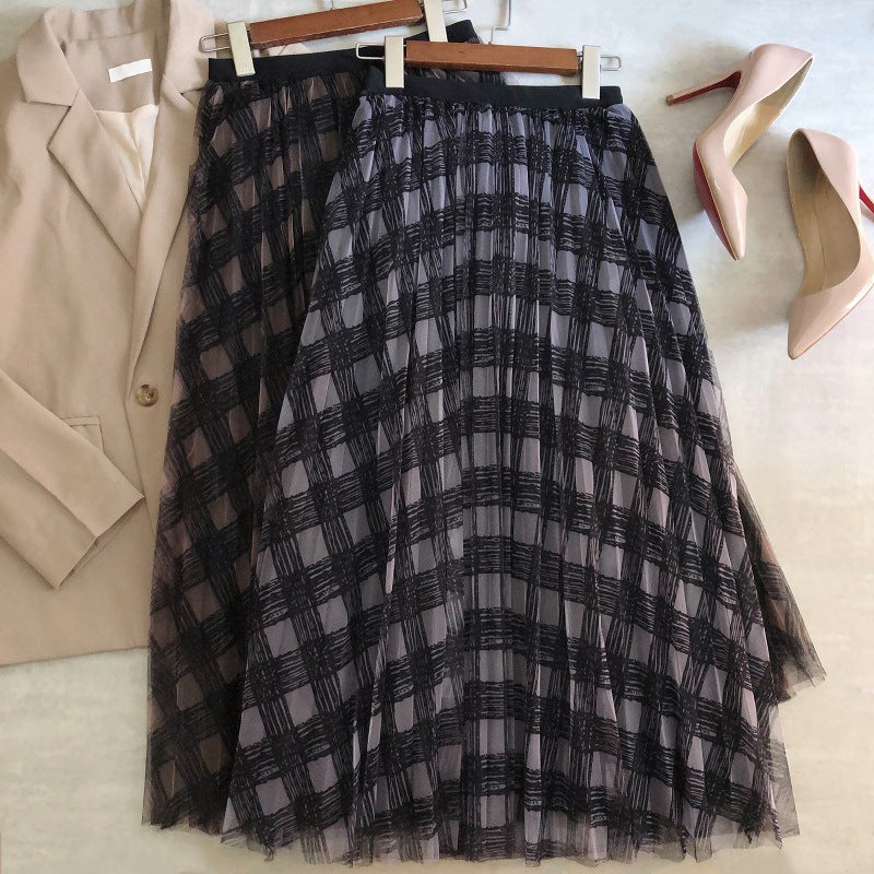 New gauze skirt, plaid print high waist skirt, long pleated skirt  3703