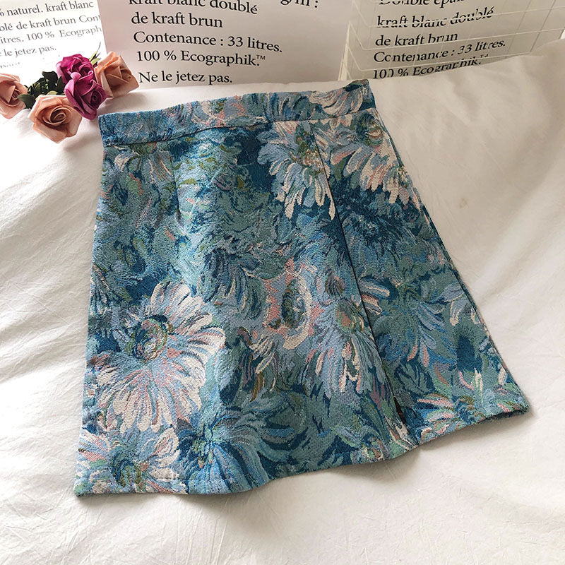 Spring and Autumn, elegant oil painting painted flowers, high-waisted skirts, A line buttocks skirt  3664