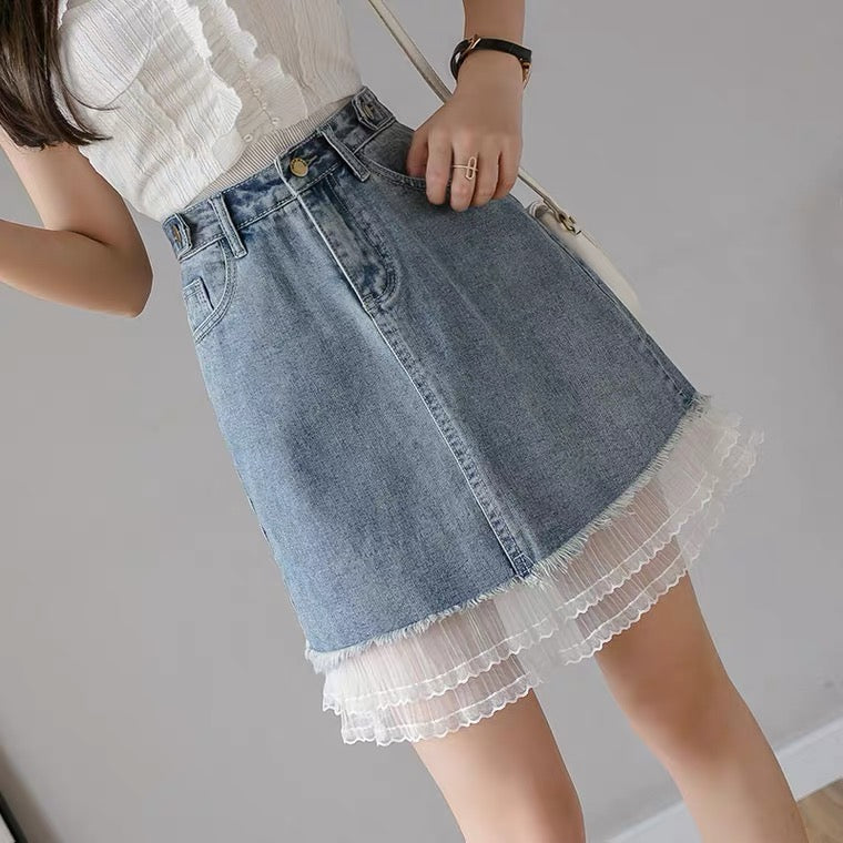 New, high-waisted denim patchwork A-line skirt, casual skirt  3606