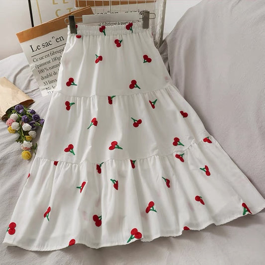 Vent doux, broderie de fraises sur la jupe longue, taille élastique Jupe trapèze grande taille 3618