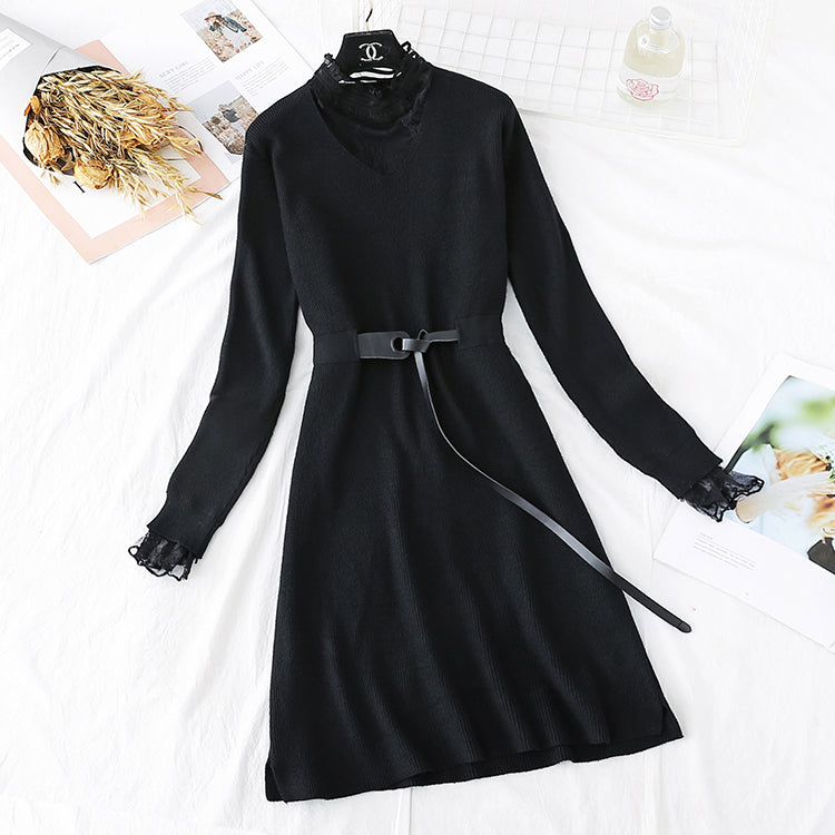 Sweater lace backing temperament fake two skirts  3796