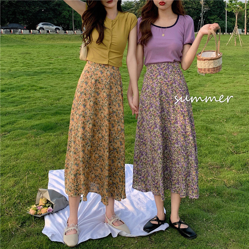 Midi floral skirt, new style, high waist, drawstring fishtail A-line skirt  3652