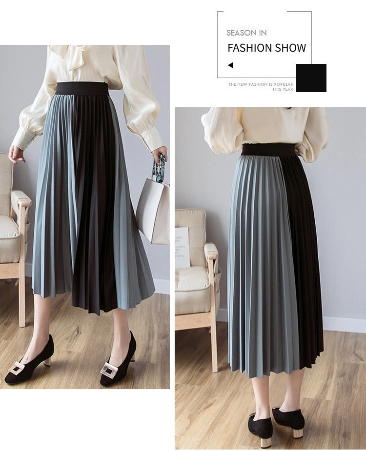 Spring/summer skirt, new style, high waist, contrasting colors, patchwork, long A-line skirt, pleated skirt  3668
