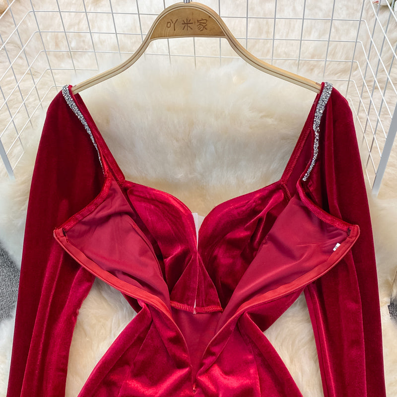 Velvet with diamond temperament, slim waist, sexy hip wrap dress  3750