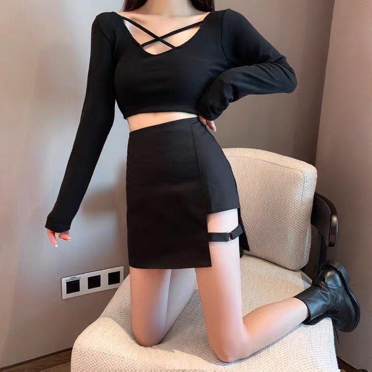 Irregular skirt, spring/summer, new style, high-waisted skirt, black bodycon skirt  3650
