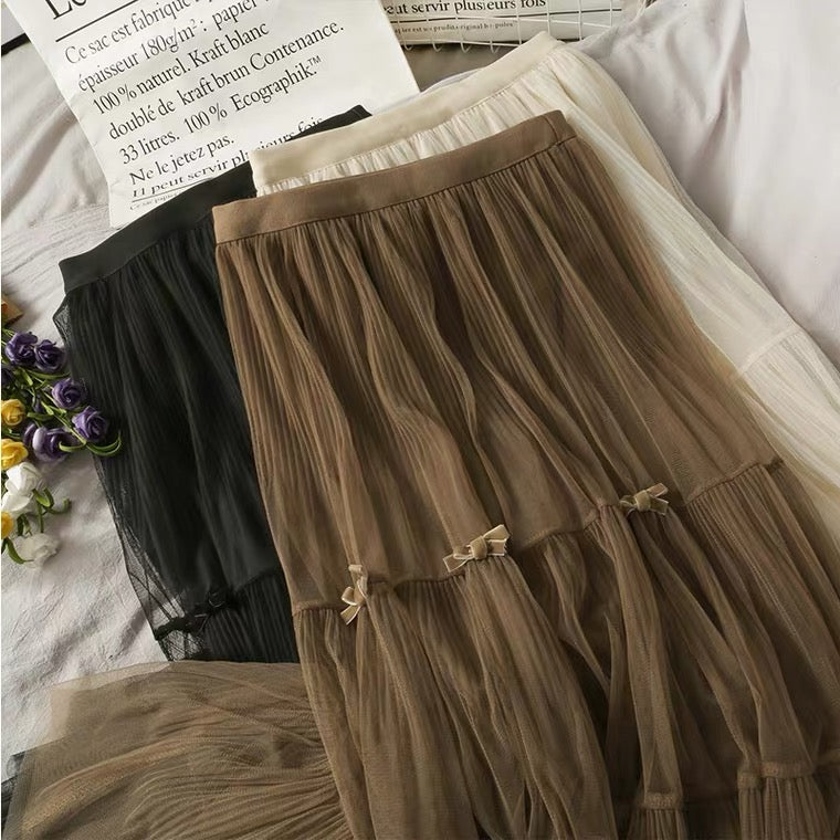 Super fairy bow decoration, splicing A-line skirt, sweet high waist tulle skirt  3603