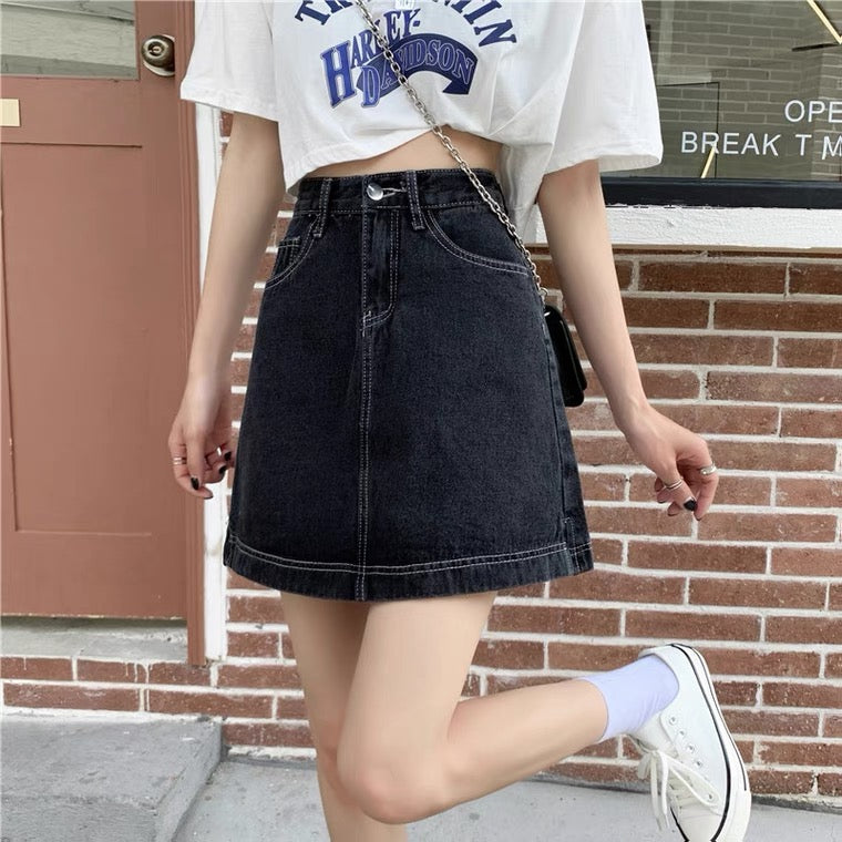 Jupe en jean noir, grande taille, été, nouveau style, jupe trapèze taille haute 3657 