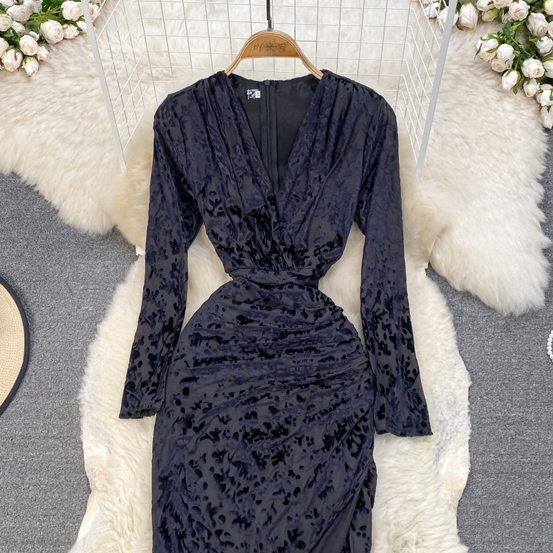 Slim, thin, split temperament, bronzed print V-neck dress  3767