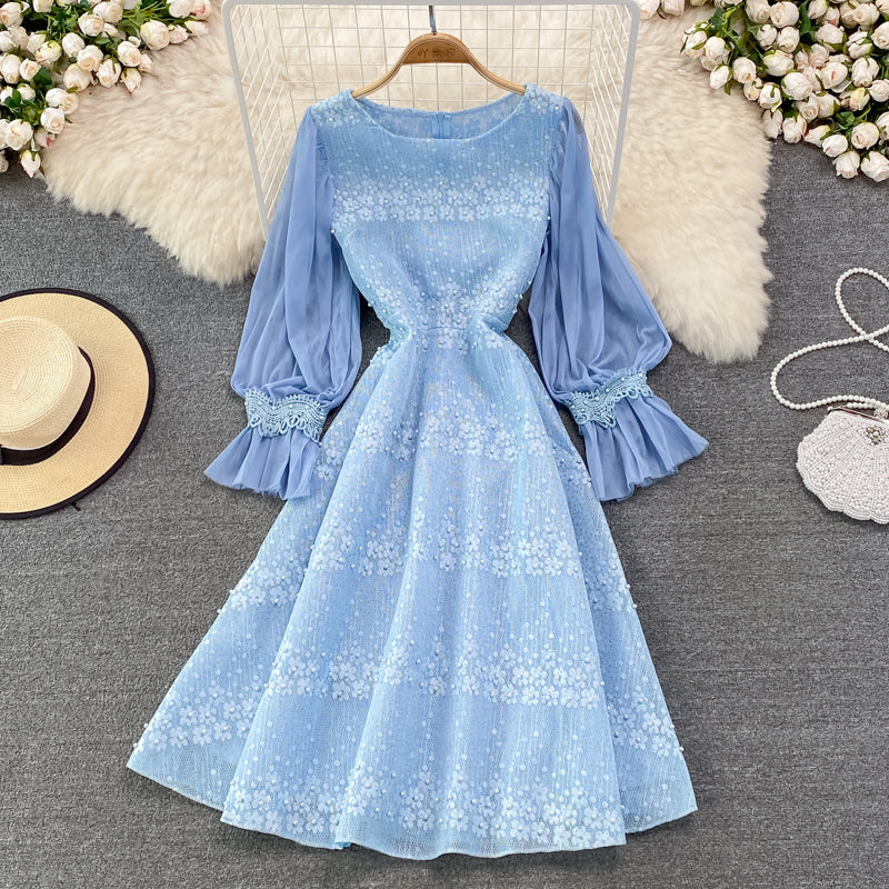 Chiffon stitched crew neck hollowed out embroidery lace dress  3776