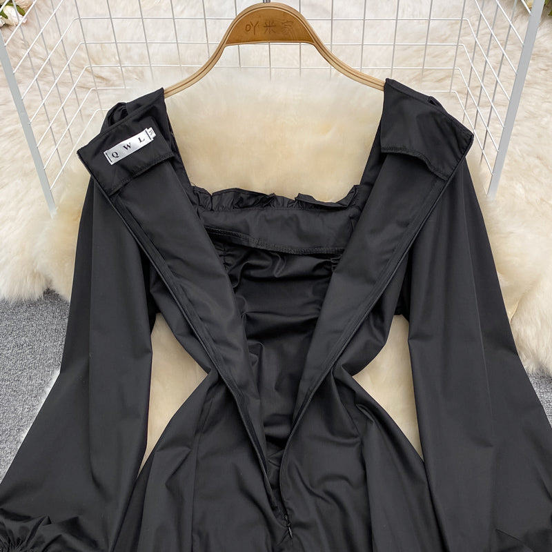 Kleid mit eckigem Ausschnitt und Blasenärmeln, schwarzer kleiner ausländischer Rock 3789