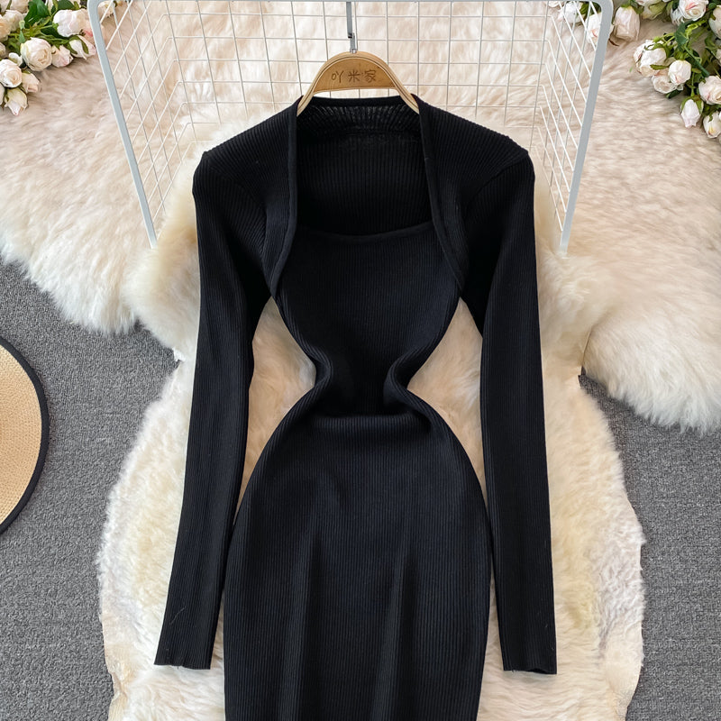 Square neck tight elastic knitted dress  3758