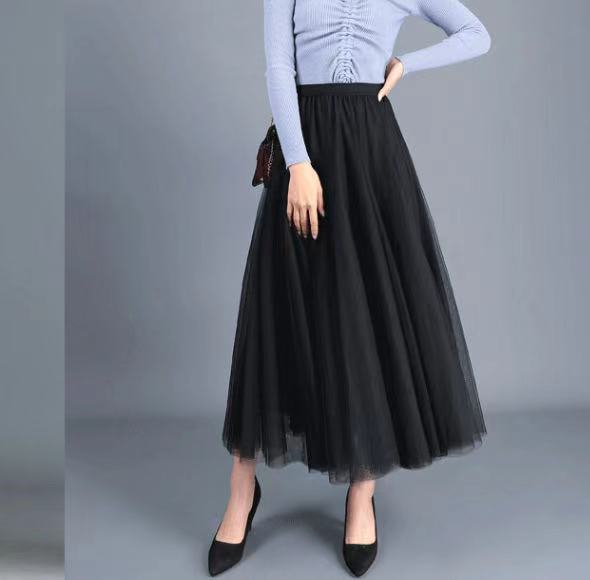 Big swing bouffant ankle-length skirt, high waist slim fairy skirt, net gauze skirt A-line skirt  3690