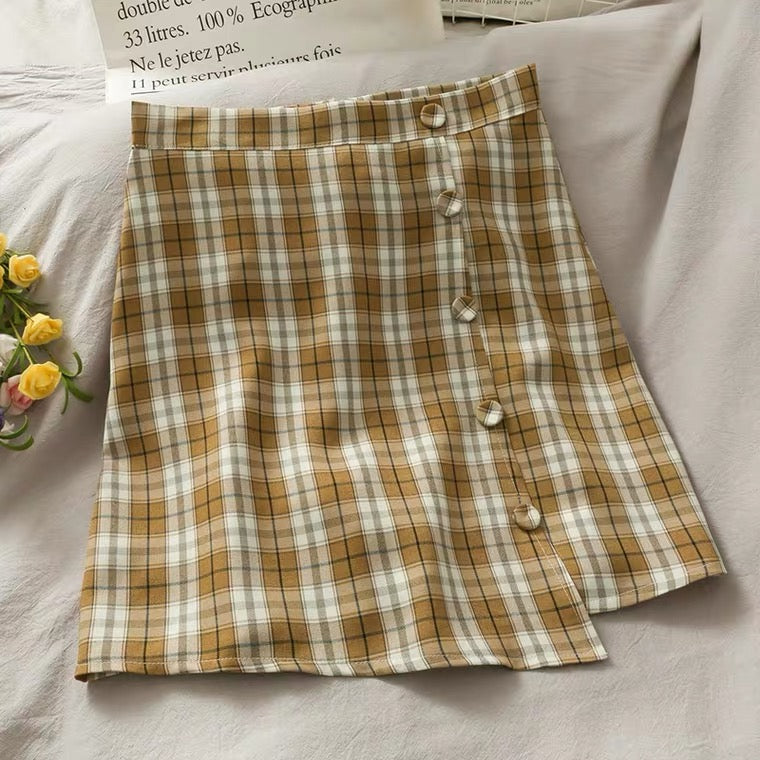 Jupe trapèze taille haute à poitrine irrégulière, littéraire, petite et fraîche, jupe à carreaux 3614