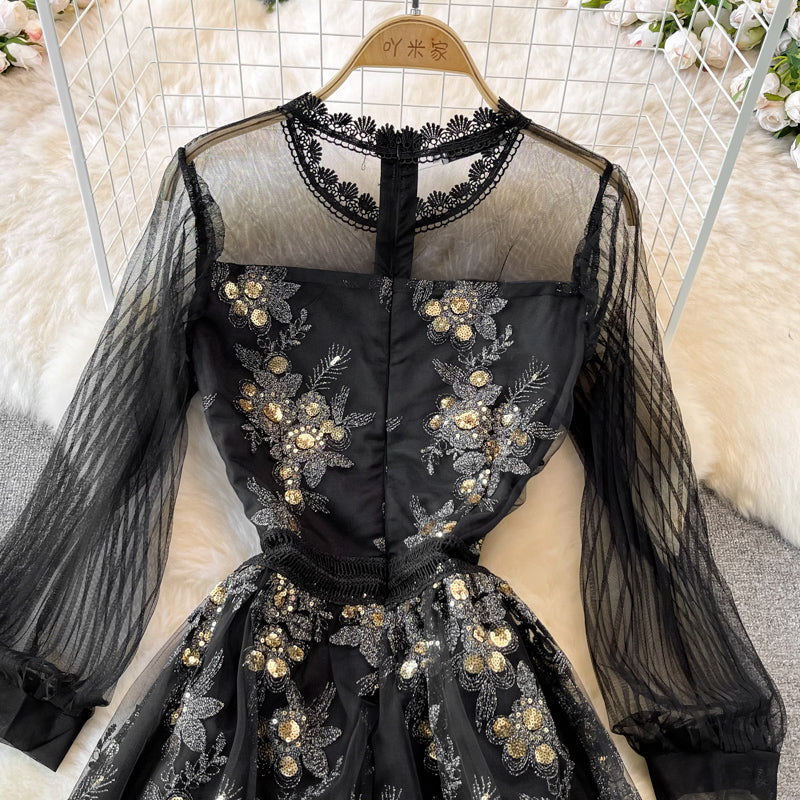 Heavy industry embroidery round neck mesh A-line dress  3747