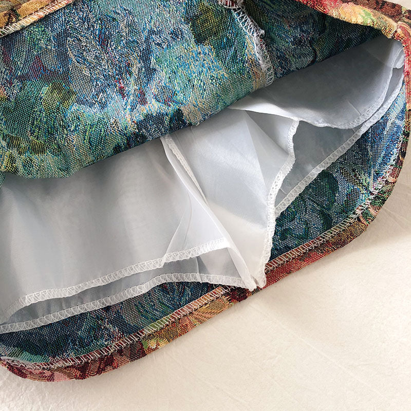 Spring and Autumn, elegant oil painting painted flowers, high-waisted skirts, A line buttocks skirt  3664